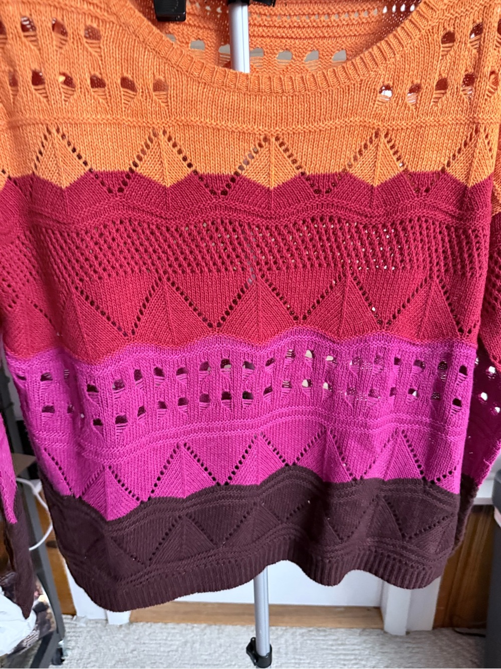Open-Knit Colorblock Crewneck Sweater in Orange, Pink, Red & Brown Cottagecore - Picture 6 of 10